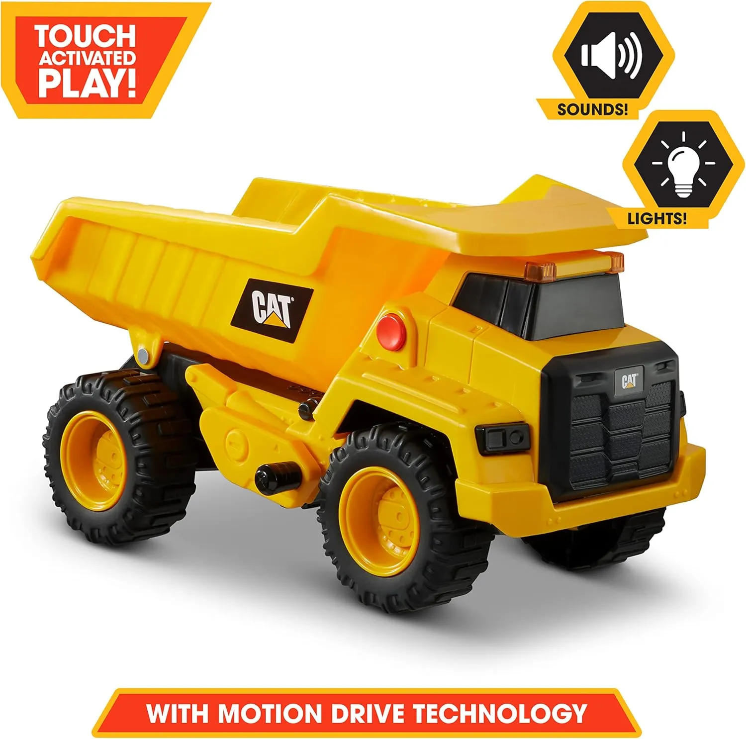 CAT Construction Toys, Power Haulers Dump Truck, Realistic Lights and Sounds, Motion Drive Technology, Working Features, & Realistic Construction Experience.