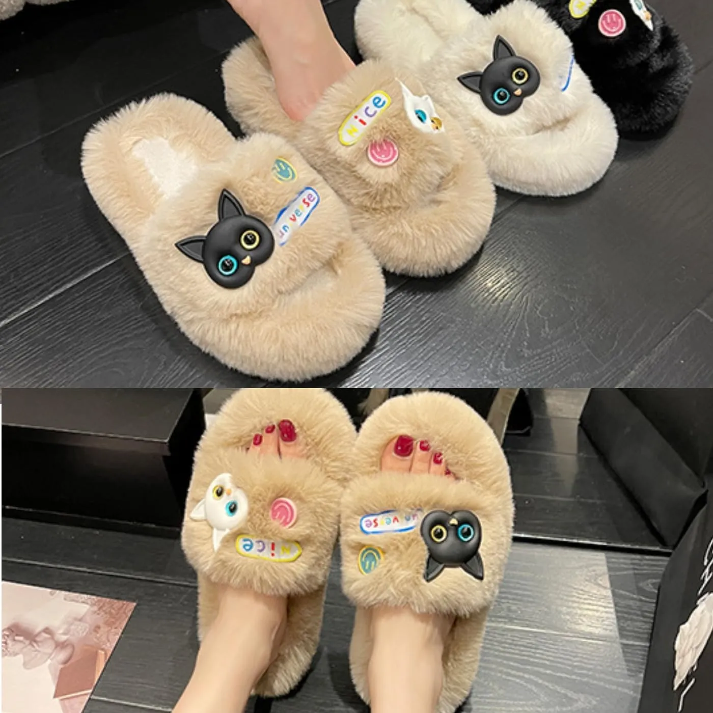 Cat Face Slippers for Women Soft Plush Fuzzy Kawaii Women's Slippers Ultra Comfy Cute House Shoes Open Toe Indoor Outdoor Soft Thick Sole