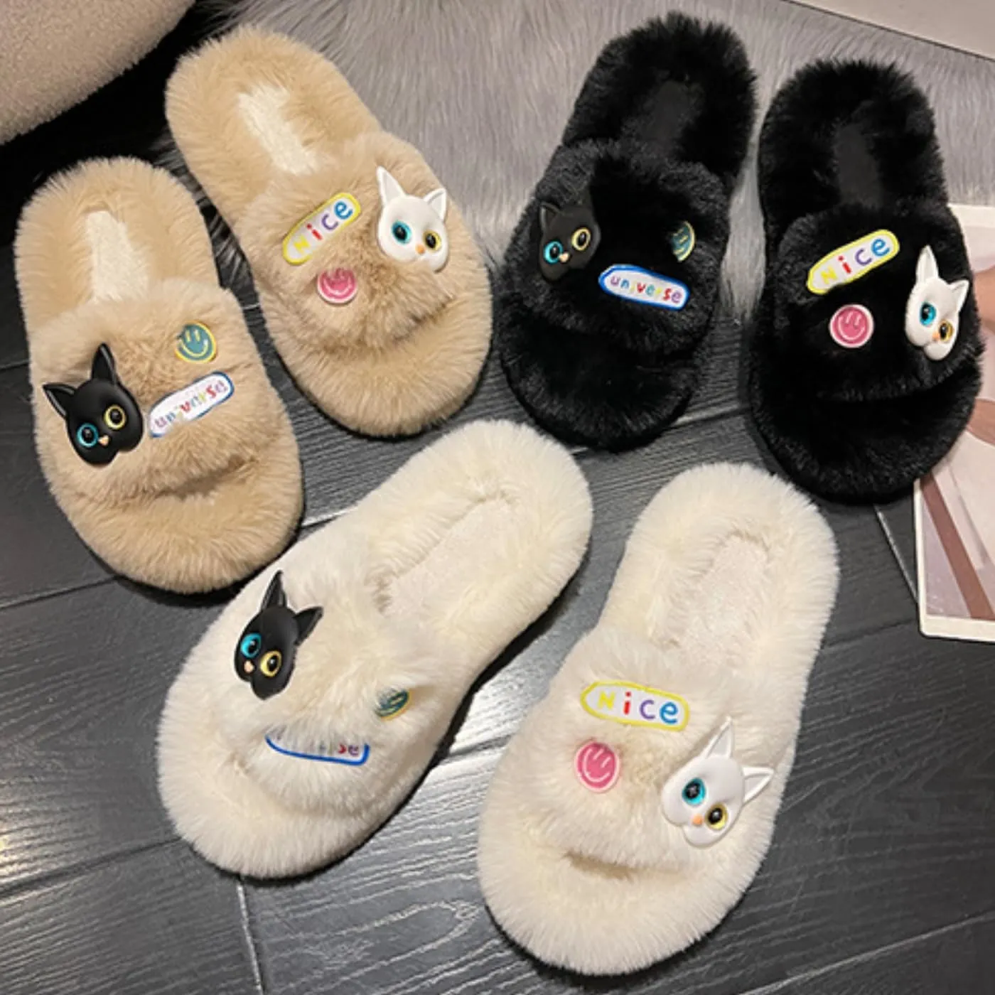Cat Face Slippers for Women Soft Plush Fuzzy Kawaii Women's Slippers Ultra Comfy Cute House Shoes Open Toe Indoor Outdoor Soft Thick Sole