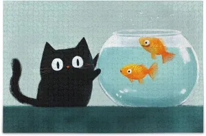 Cat Fish Black Cute Jigsaw Puzzle for Adults 500 Pieces, Impossible Challenging Hard Nature Difficult Puzzles for Adults Jigsaw Puzzle for Family Games Party Entertainment