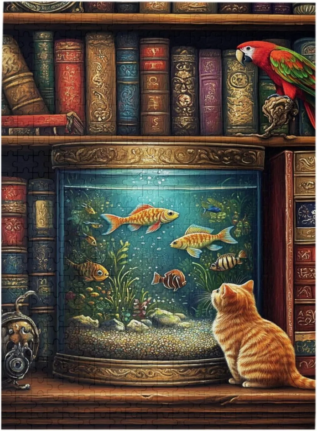 Cat In Front Of Fish Tank,Pet Jigsaw Puzzle 500 Pieces, Wooden Puzzles For Adults, Vibrant And Unique, Creative Entertainment Game, Enjoy The Process,Challenging Brain Exercise
