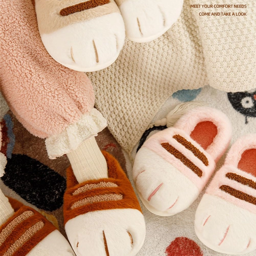 Cat Paw Slippers, 3D Cute Cartoon Cat Paw Slippers for Women, Winter Cozy Warm Furry Home Slides