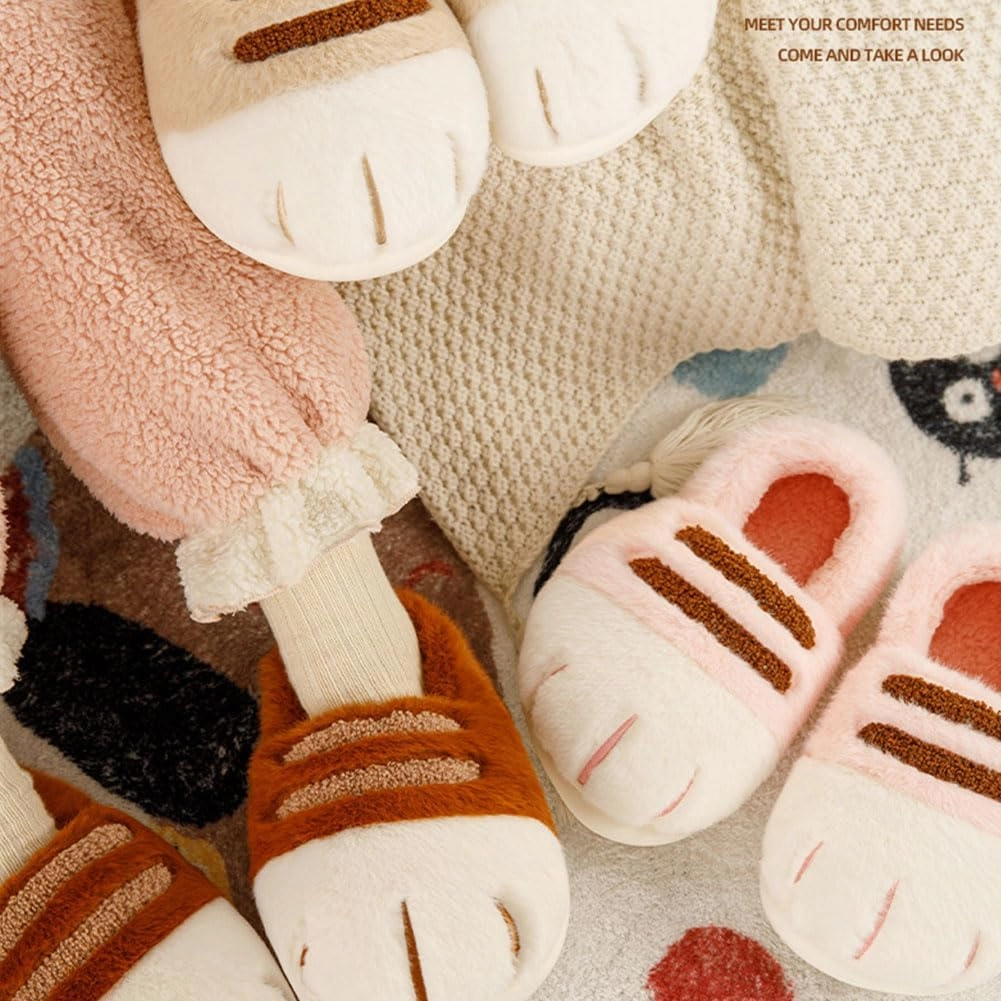 Cat Paw Slippers, 3D Cute Cartoon Cat Paw Slippers for Women, Winter Cozy Warm Furry Home Slides