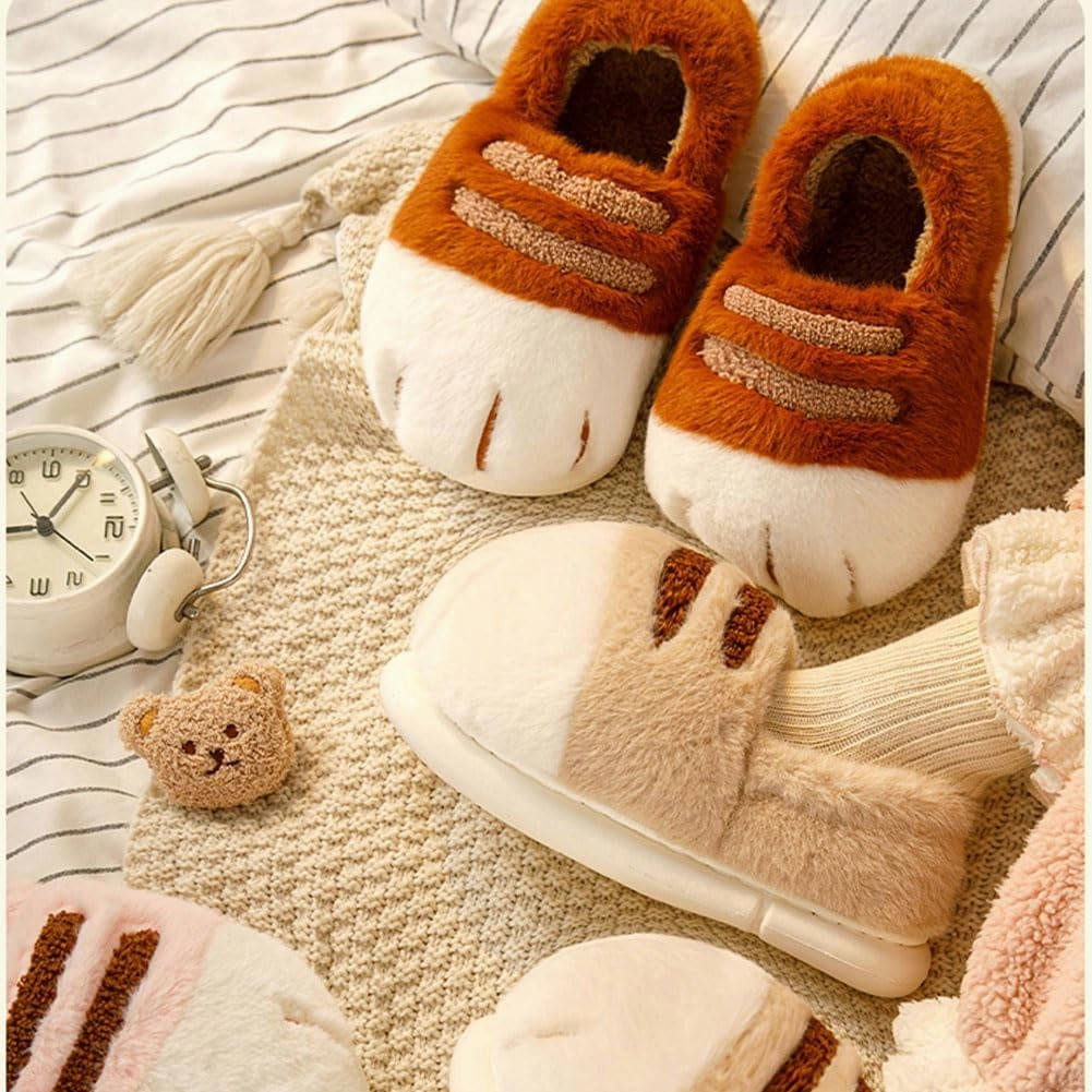 Cat Paw Slippers, 3D Cute Cartoon Cat Paw Slippers for Women, Winter Cozy Warm Furry Home Slides
