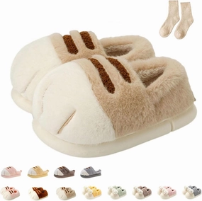 Cat Paw Slippers, 3D Cute Cartoon Cat Paw Slippers for Women, Winter Cozy Warm Furry Home Slides