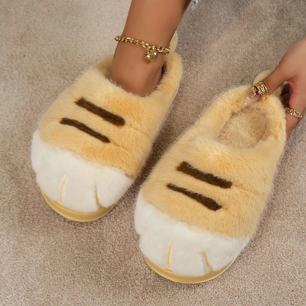 Cat Paw Slippers for Women, Cute Funny 3D Cat Paw Cartoon Slipper Warm Fluffy Furry Winter House Shoes