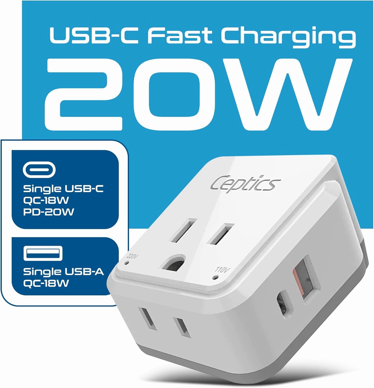 Ceptics Chile, Rome, Italy Travel Plug Adapter Set, Chile plug adapter USB-USB-C 20W PD-QC 18W, 2 Outlet, US to Italy plug adapter for Lybia, Uruguay Includes Type C, L SWadAPt Attachments - PAK-IT