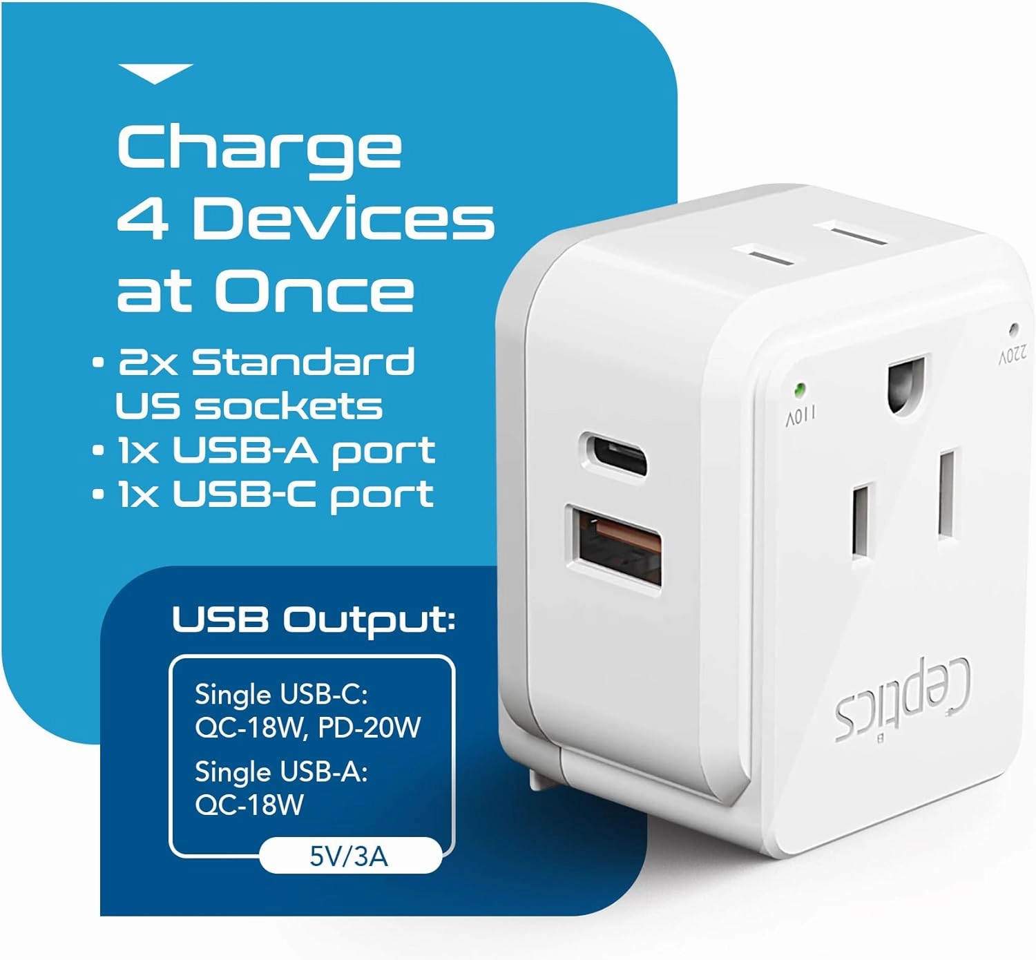 Ceptics Chile, Rome, Italy Travel Plug Adapter Set, Chile plug adapter USB-USB-C 20W PD-QC 18W, 2 Outlet, US to Italy plug adapter for Lybia, Uruguay Includes Type C, L SWadAPt Attachments - PAK-IT
