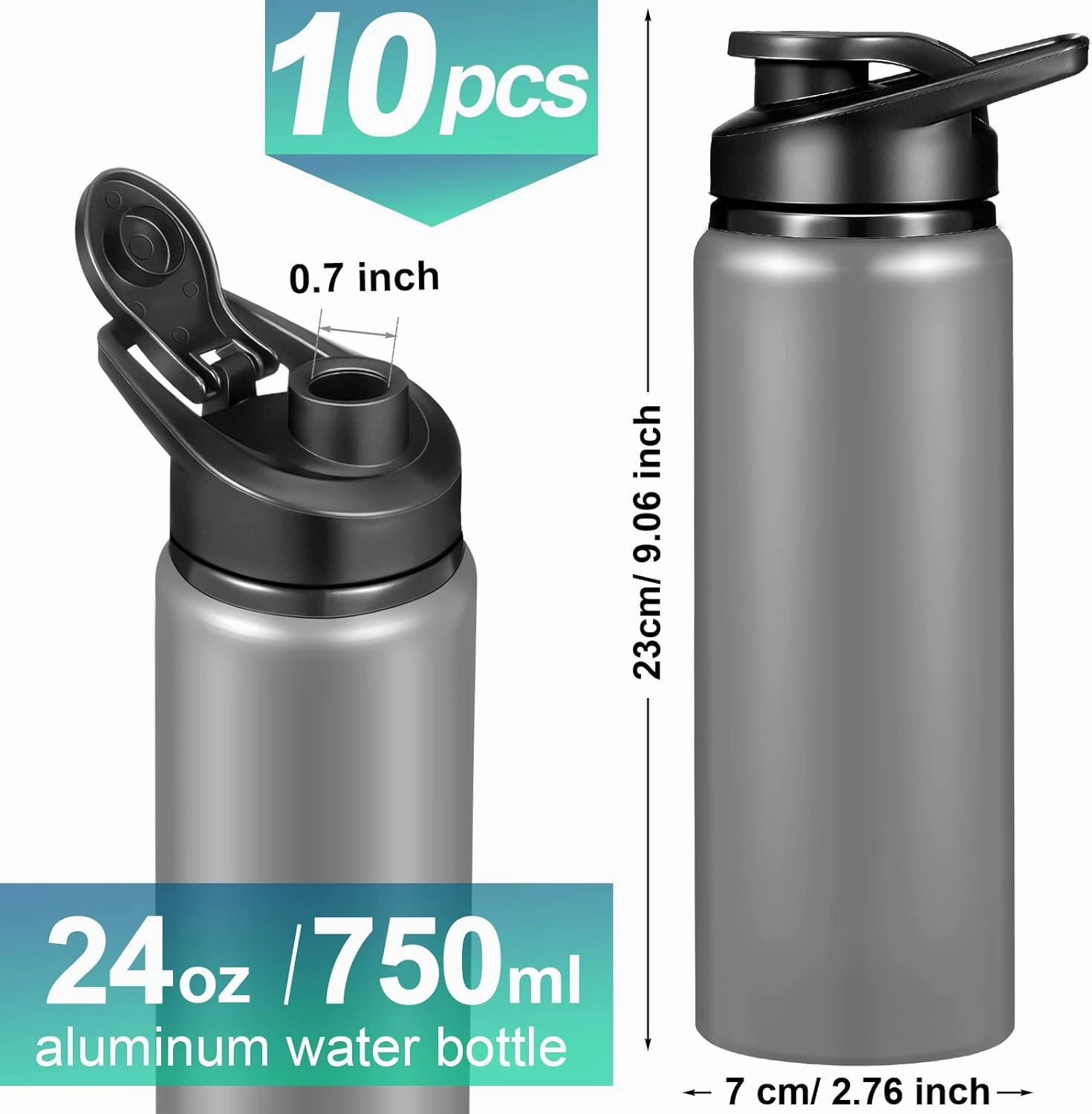 CHENGU 10 Pcs Aluminum Water Bottle 24oz Aluminum Reusable Bottles Lightweight Snap Lid Sports Water Multipack Easy Carry Leak Proof Travel for Gym Camping Hiking Outdoor Fishing (Gray)