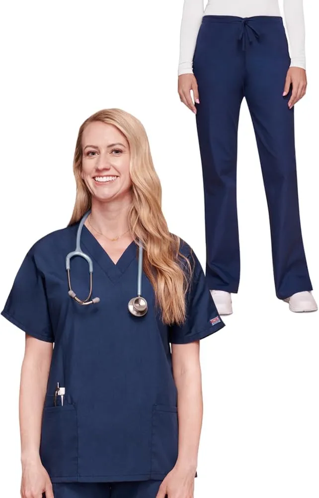 Cherokee Scrub set for women Traditional Fit Dolman Sleeve, V-neck Top 4700 Natural Rise Flare Leg Drawstring Pant 4101