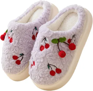 Cherry Slippers for Women, Winter Fluffy House Slippers, Fuzzy Home Bedroom Cotton, Soft and Cute Plush With Memory Foam, Kawaii, Cozy