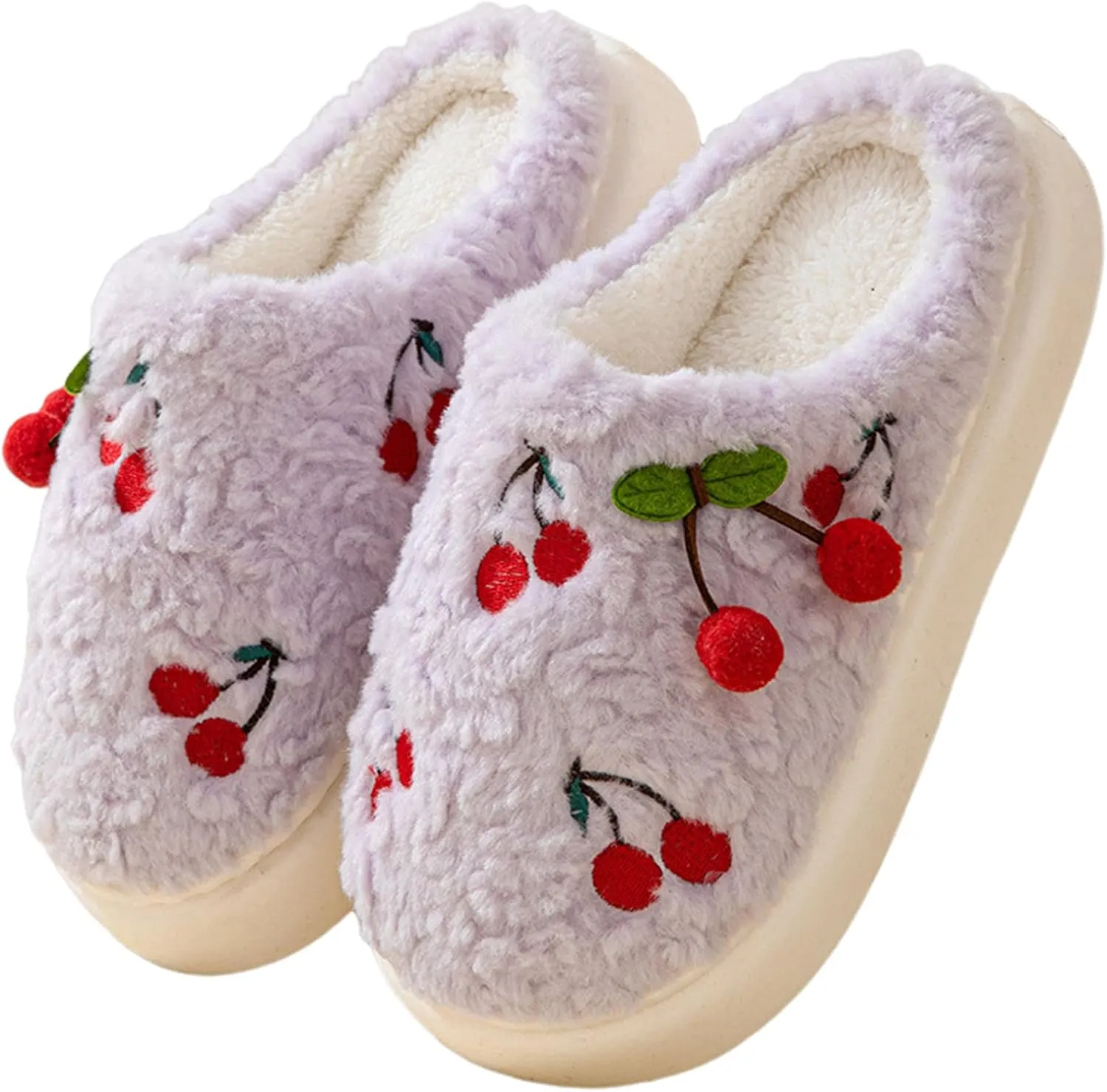 Cherry Slippers for Women, Winter Fluffy House Slippers, Fuzzy Home Bedroom Cotton, Soft and Cute Plush With Memory Foam, Kawaii, Cozy