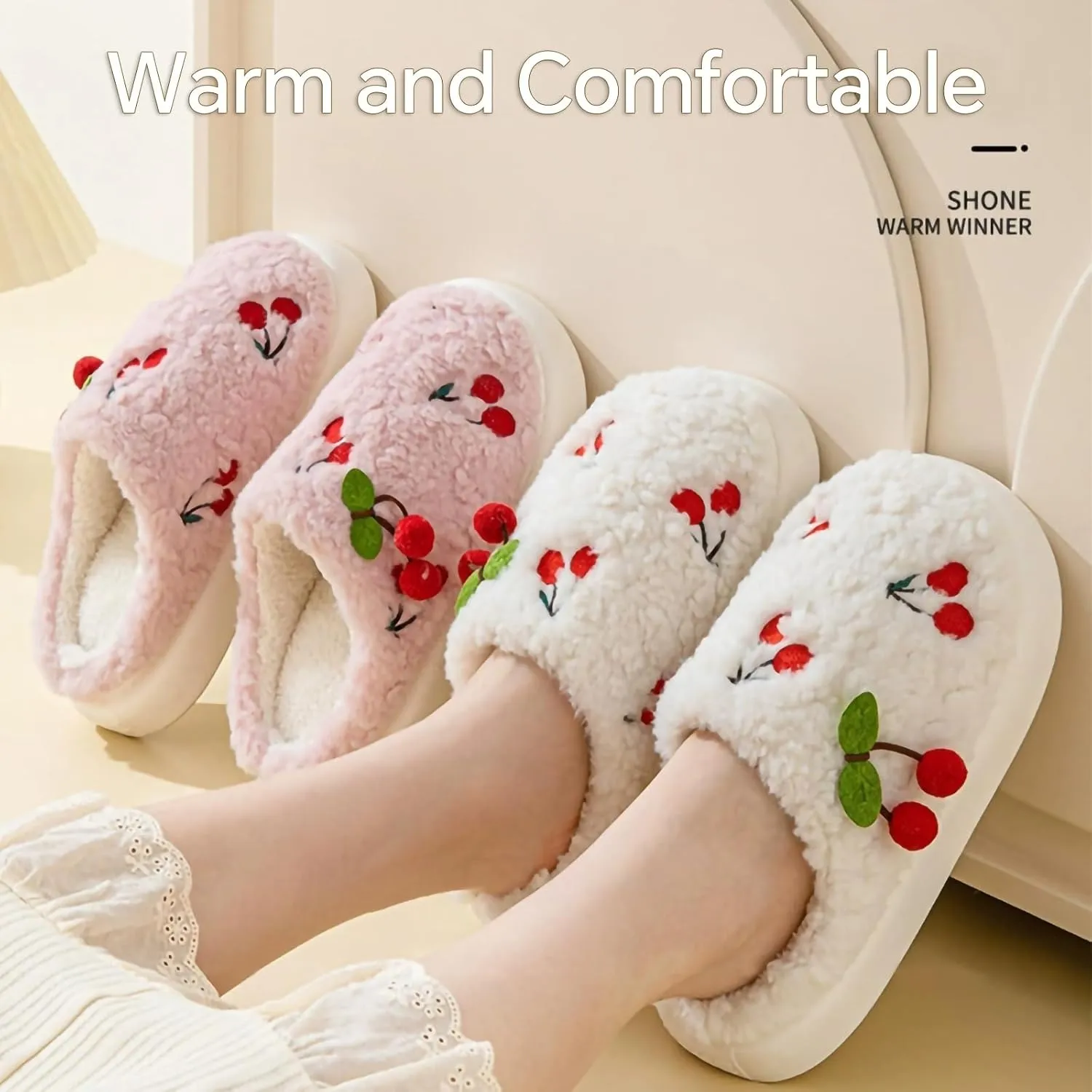 Cherry Slippers for Women, Winter Fluffy House Slippers, Fuzzy Home Bedroom Cotton, Soft and Cute Plush With Memory Foam, Kawaii, Cozy