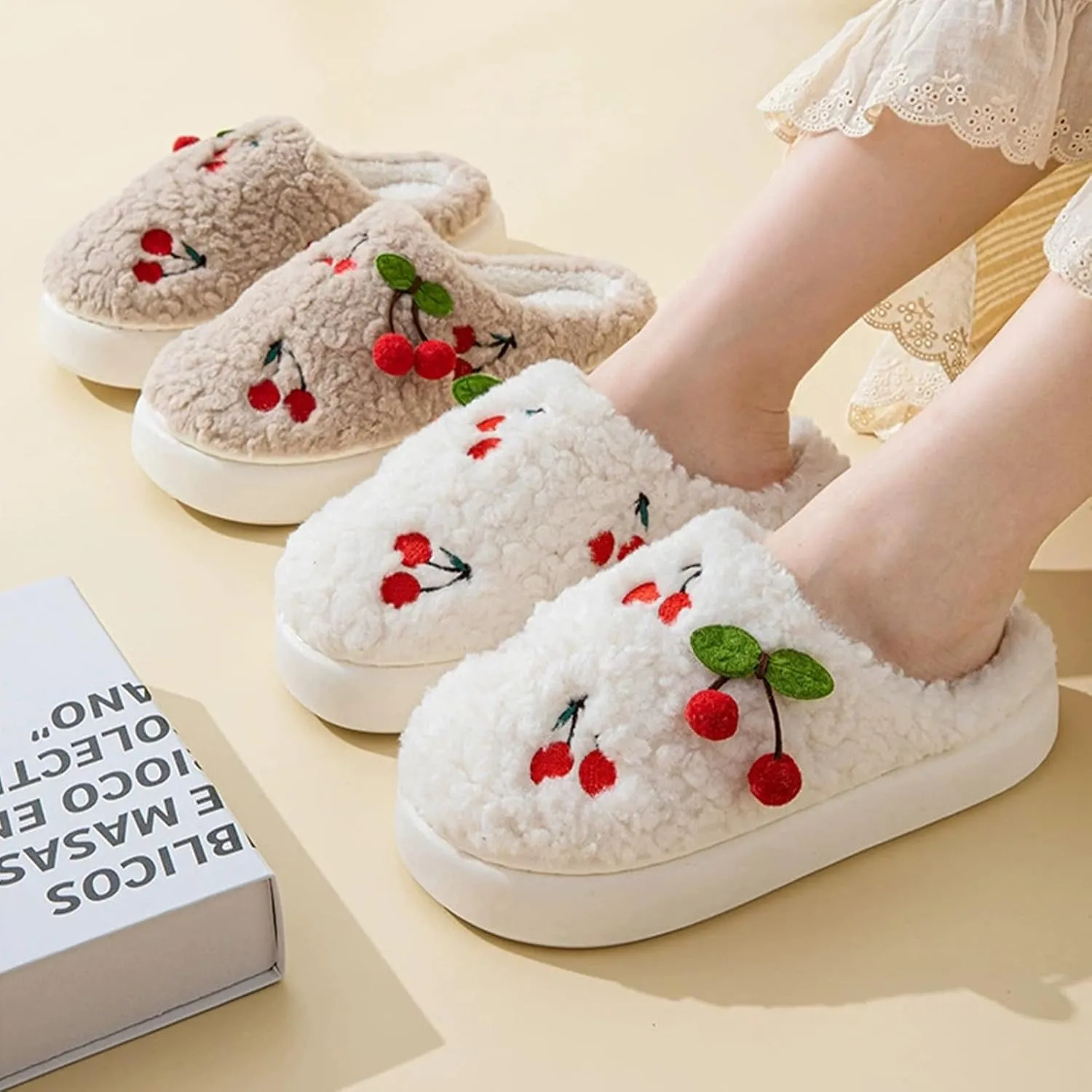 Cherry Slippers for Women, Winter Fluffy House Slippers, Fuzzy Home Bedroom Cotton, Soft and Cute Plush With Memory Foam, Kawaii, Cozy