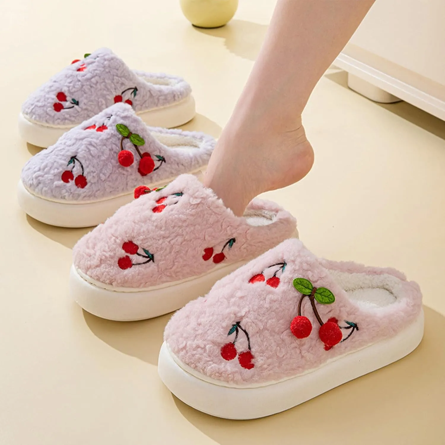 Cherry Slippers for Women, Winter Fluffy House Slippers, Fuzzy Home Bedroom Cotton, Soft and Cute Plush With Memory Foam, Kawaii, Cozy