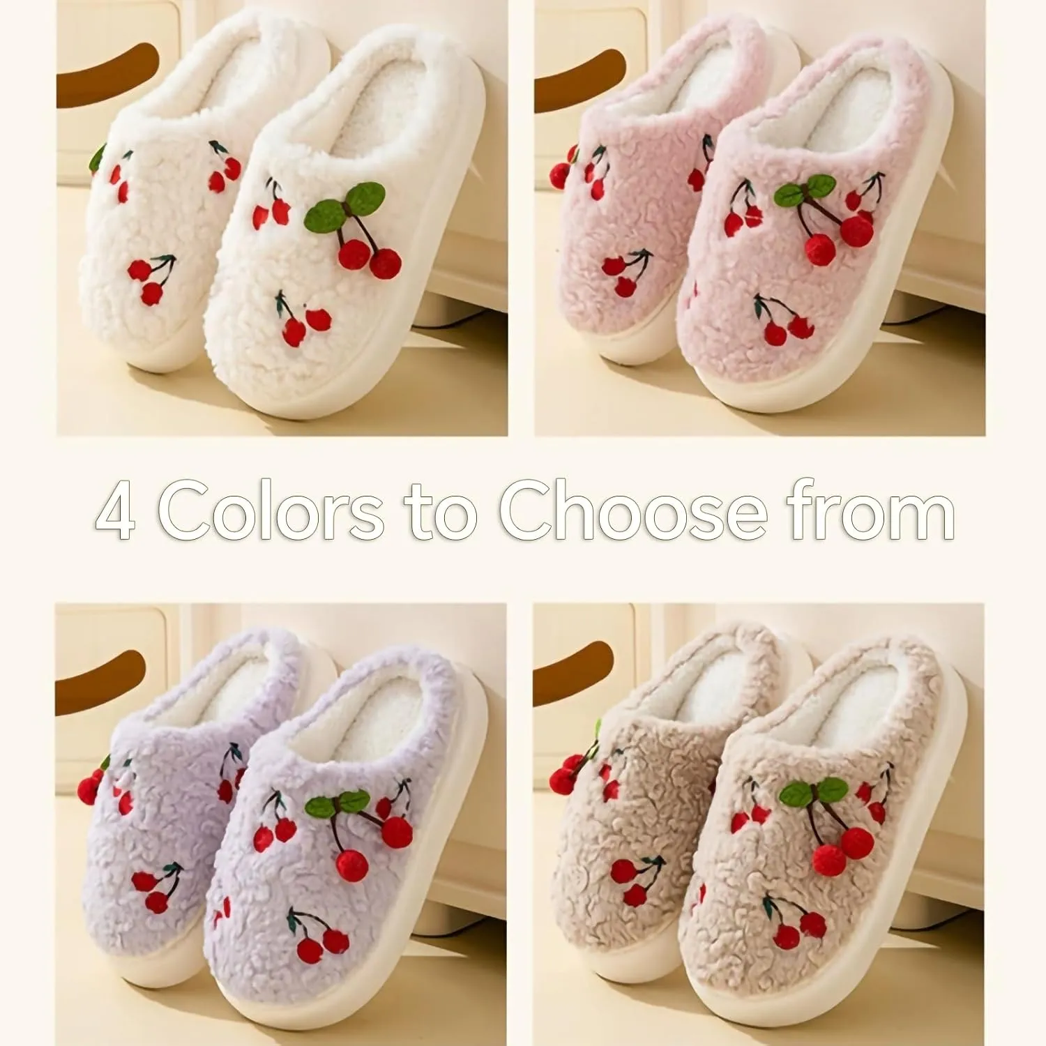 Cherry Slippers for Women, Winter Fluffy House Slippers, Fuzzy Home Bedroom Cotton, Soft and Cute Plush With Memory Foam, Kawaii, Cozy