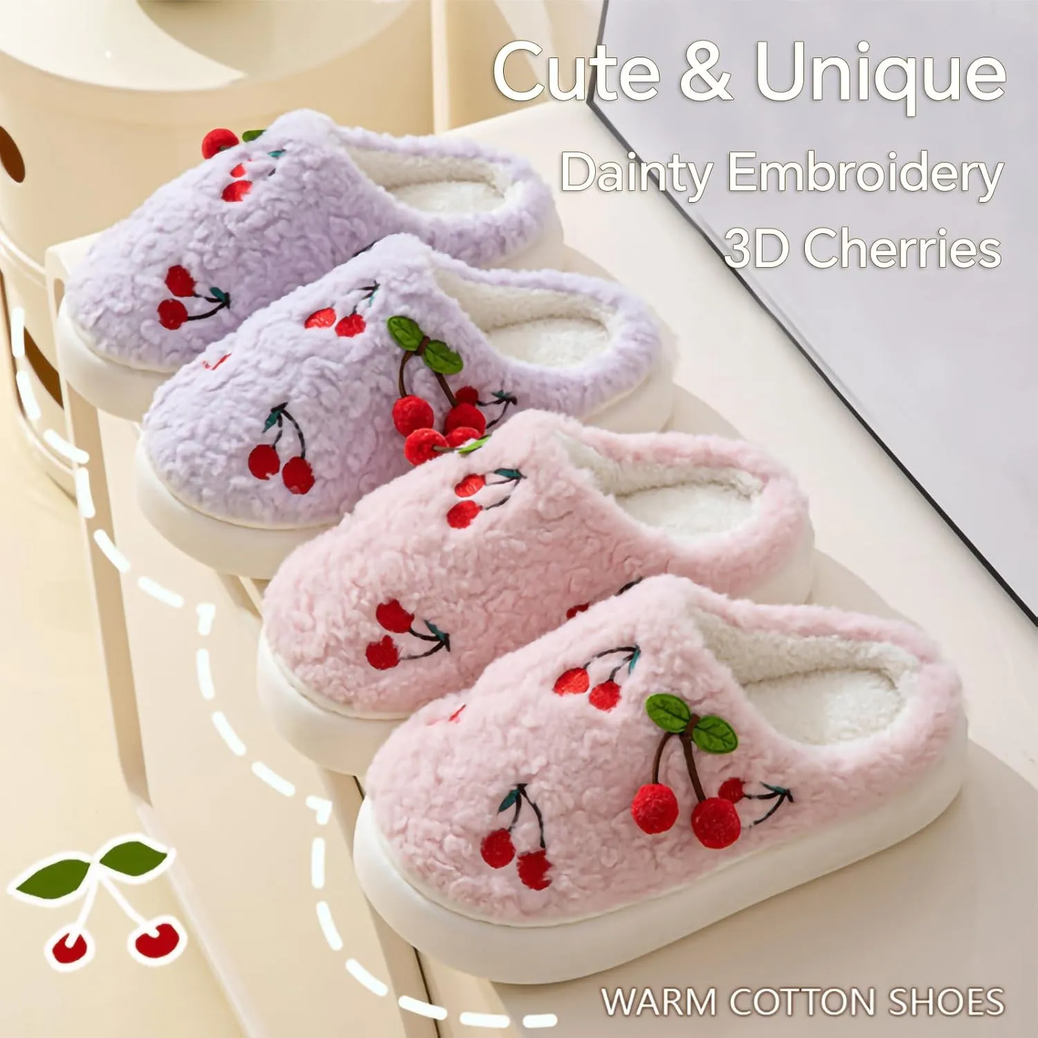 Cherry Slippers for Women, Winter Fluffy House Slippers, Fuzzy Home Bedroom Cotton, Soft and Cute Plush With Memory Foam, Kawaii, Cozy