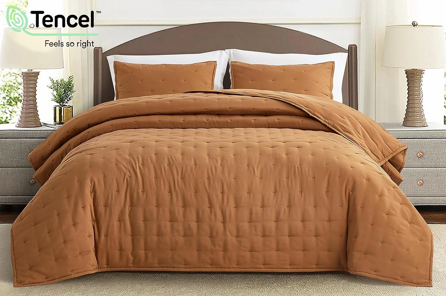 Chezmoi Collection Tencel Modal Blend Quilt Set Queen Size, Terracotta - Lightweight Soft Bedspread Crescent Stitched Quilt for All Seasons