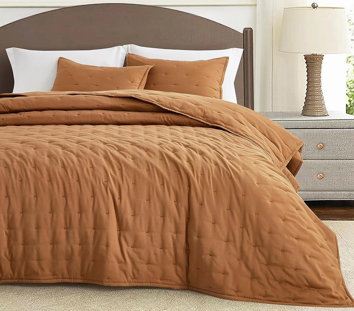 Chezmoi Collection Tencel Modal Blend Quilt Set Queen Size, Terracotta - Lightweight Soft Bedspread Crescent Stitched Quilt for All Seasons