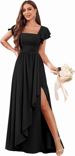 Chiffon Bridesmaid Dresses with Slit Ruffle Sleeve Square Neck A Line Formal Evening Dress for Wedding