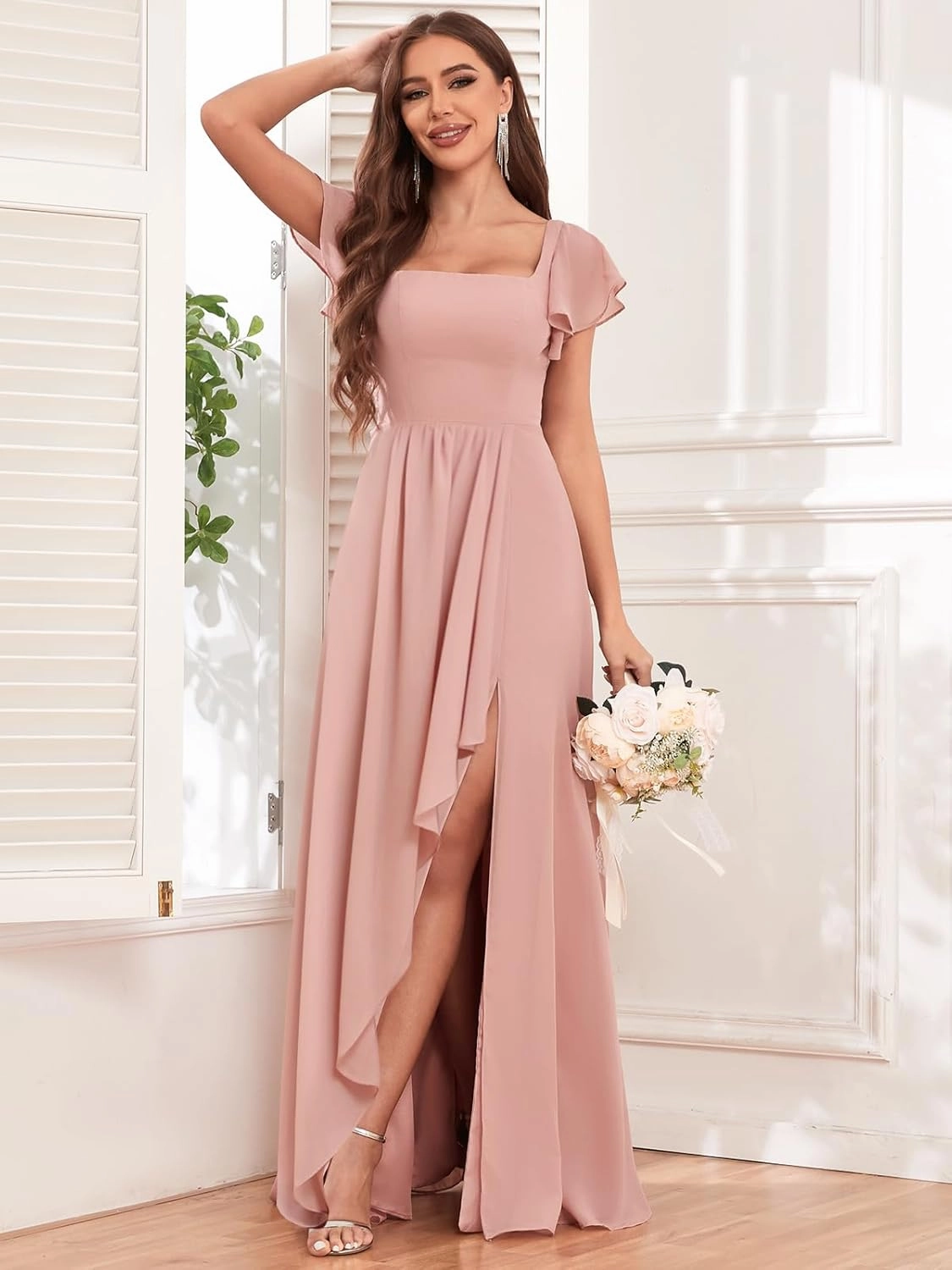 Chiffon Bridesmaid Dresses with Slit Ruffle Sleeve Square Neck A Line Formal Evening Dress for Wedding