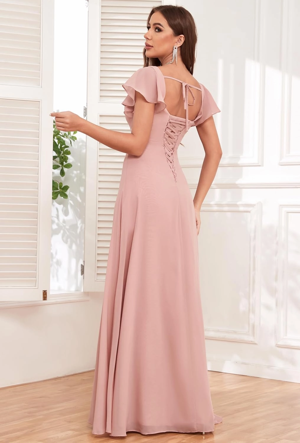 Chiffon Bridesmaid Dresses with Slit Ruffle Sleeve Square Neck A Line Formal Evening Dress for Wedding