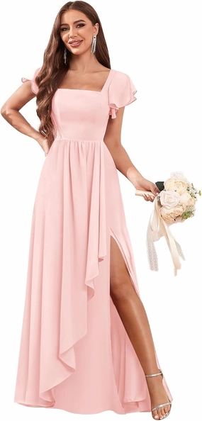 Chiffon Bridesmaid Dresses with Slit Ruffle Sleeve Square Neck A Line Formal Evening Dress for Wedding