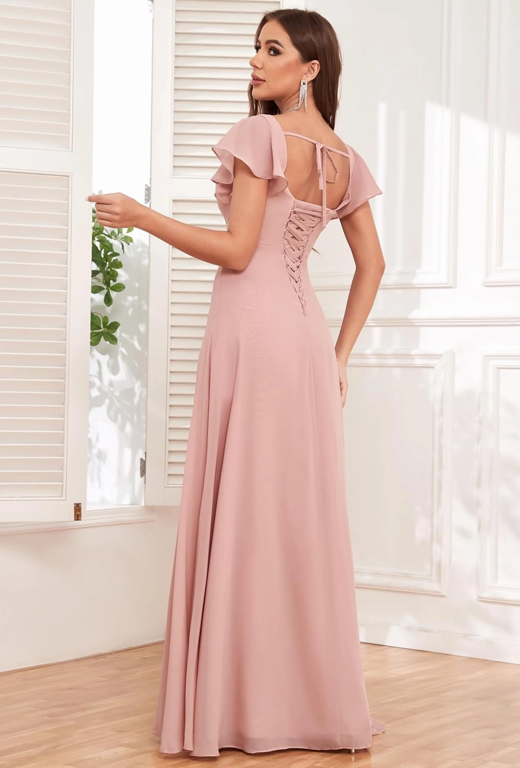 Chiffon Bridesmaid Dresses with Slit Ruffle Sleeve Square Neck A Line Formal Evening Dress for Wedding
