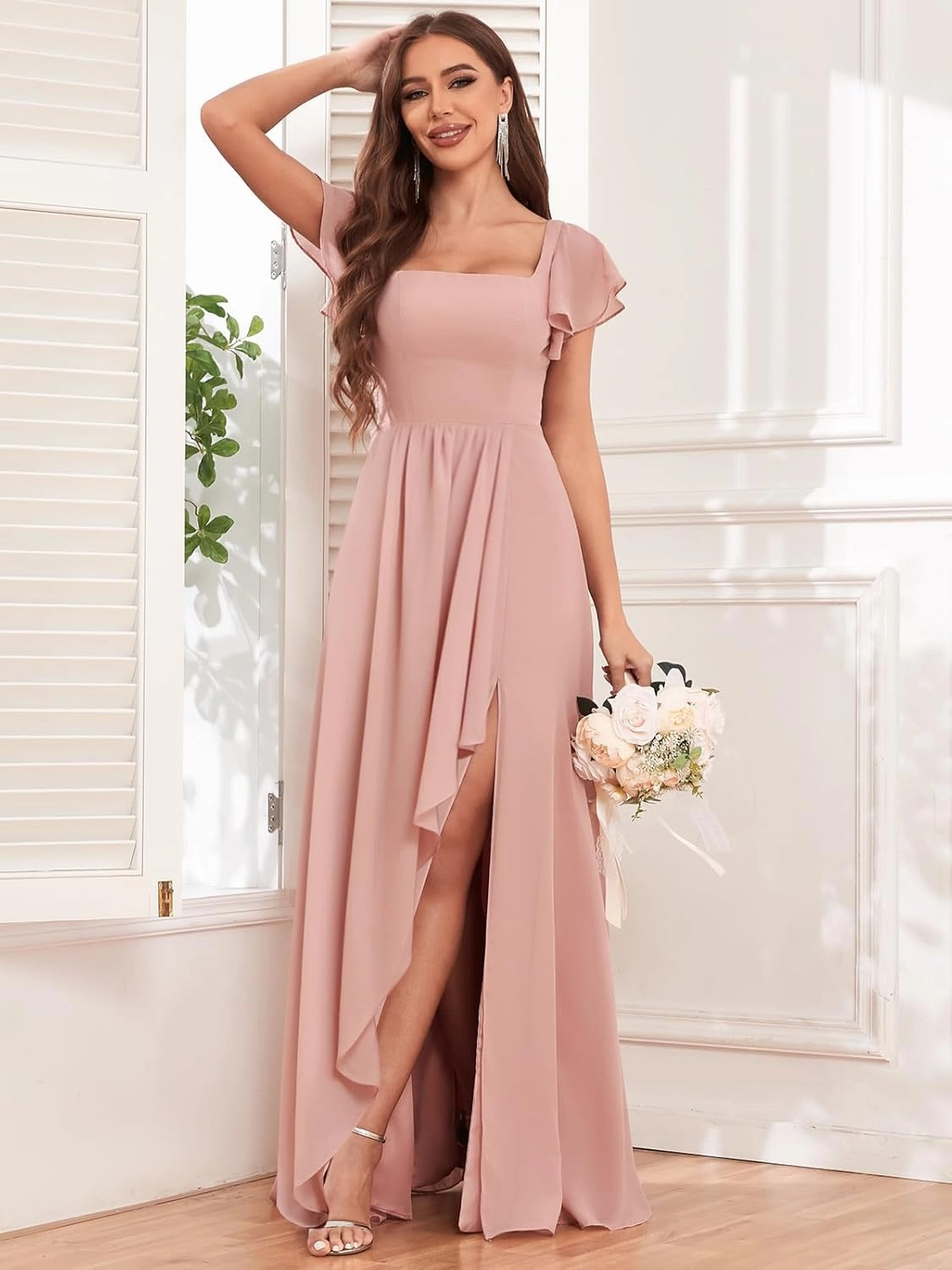 Chiffon Bridesmaid Dresses with Slit Ruffle Sleeve Square Neck A Line Formal Evening Dress for Wedding