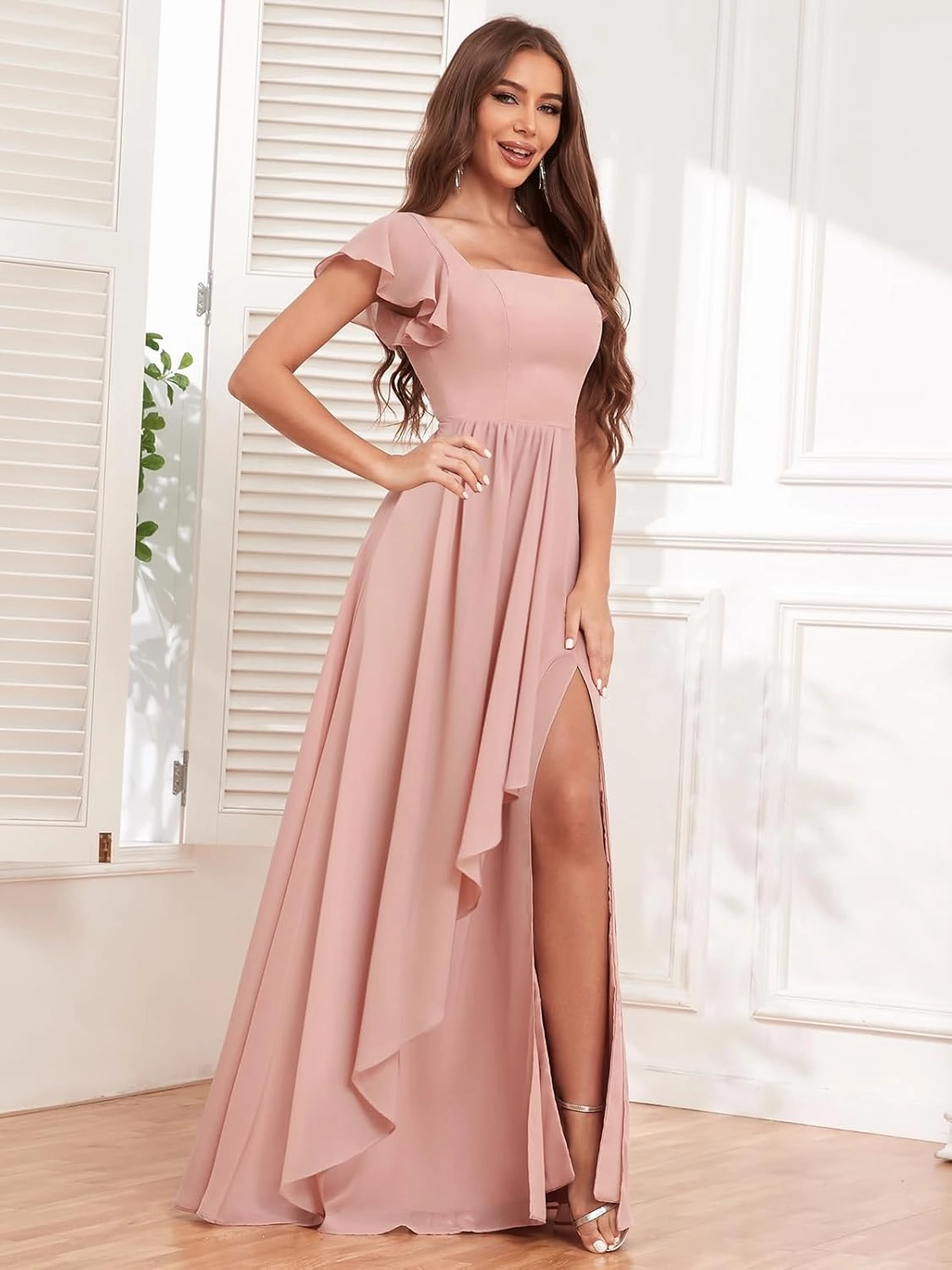Chiffon Bridesmaid Dresses with Slit Ruffle Sleeve Square Neck A Line Formal Evening Dress for Wedding