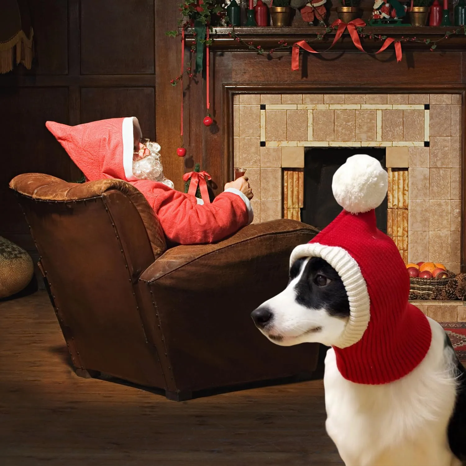 Christmas Dog Hat Costume for Large Medium Dog Warm Winter Dog Hat Neck Ear Warmer Headband Protector for Golden Retriever Labrador(Large, Red)