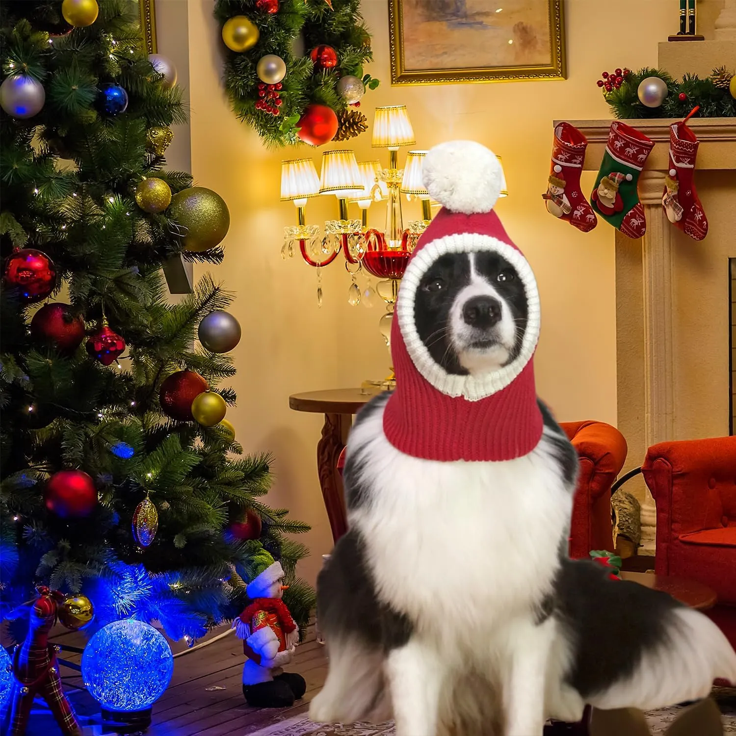 Christmas Dog Hat Costume for Large Medium Dog Warm Winter Dog Hat Neck Ear Warmer Headband Protector for Golden Retriever Labrador(Large, Red)