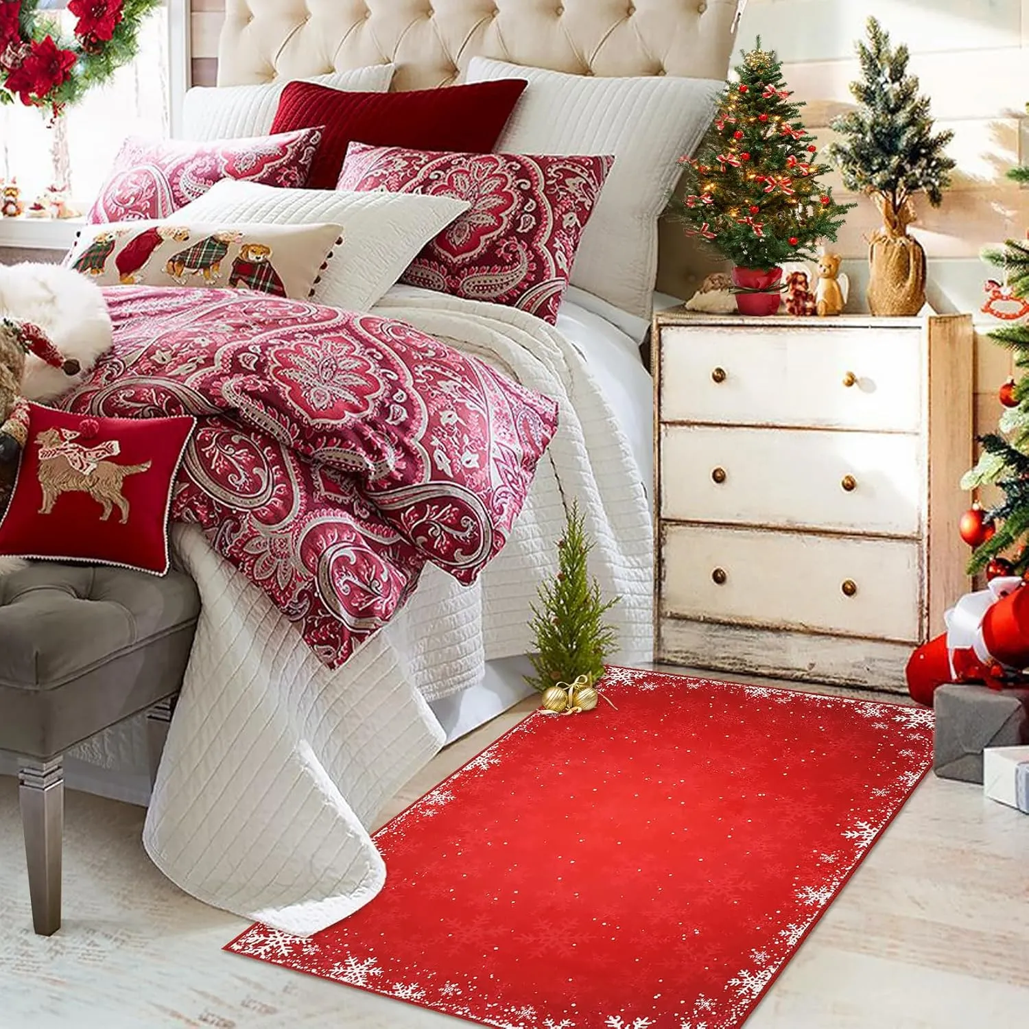 Christmas Entryway Rug 2x3 Small Boho Indoor Throw Rugs Washable Xmas Decorative Area Rug Non-Slip Snowflake Floor Covers Front Door Welcome Doormat for Living Room Bedroom, Red 2' x 3'