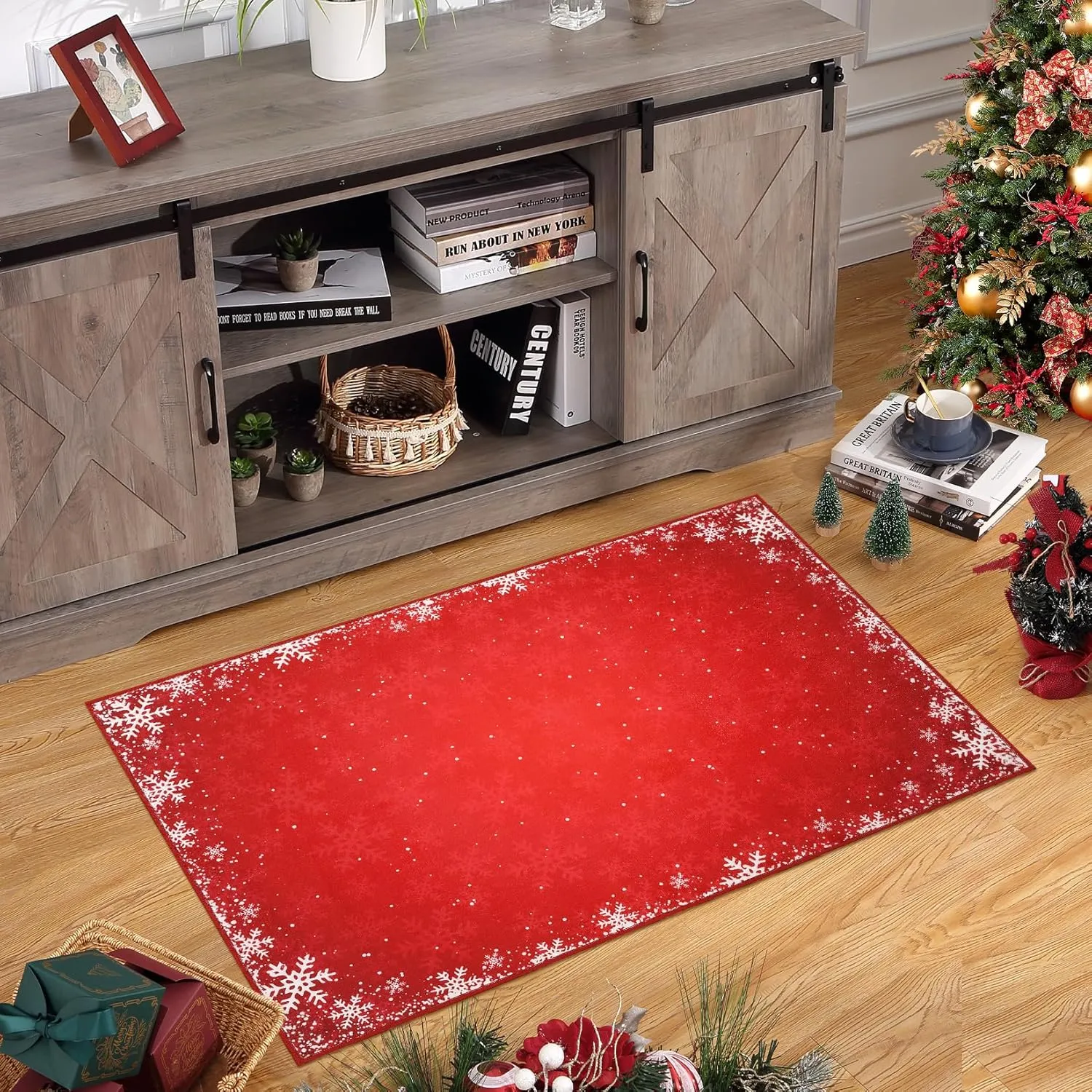 Christmas Entryway Rug 2x3 Small Boho Indoor Throw Rugs Washable Xmas Decorative Area Rug Non-Slip Snowflake Floor Covers Front Door Welcome Doormat for Living Room Bedroom, Red 2' x 3'