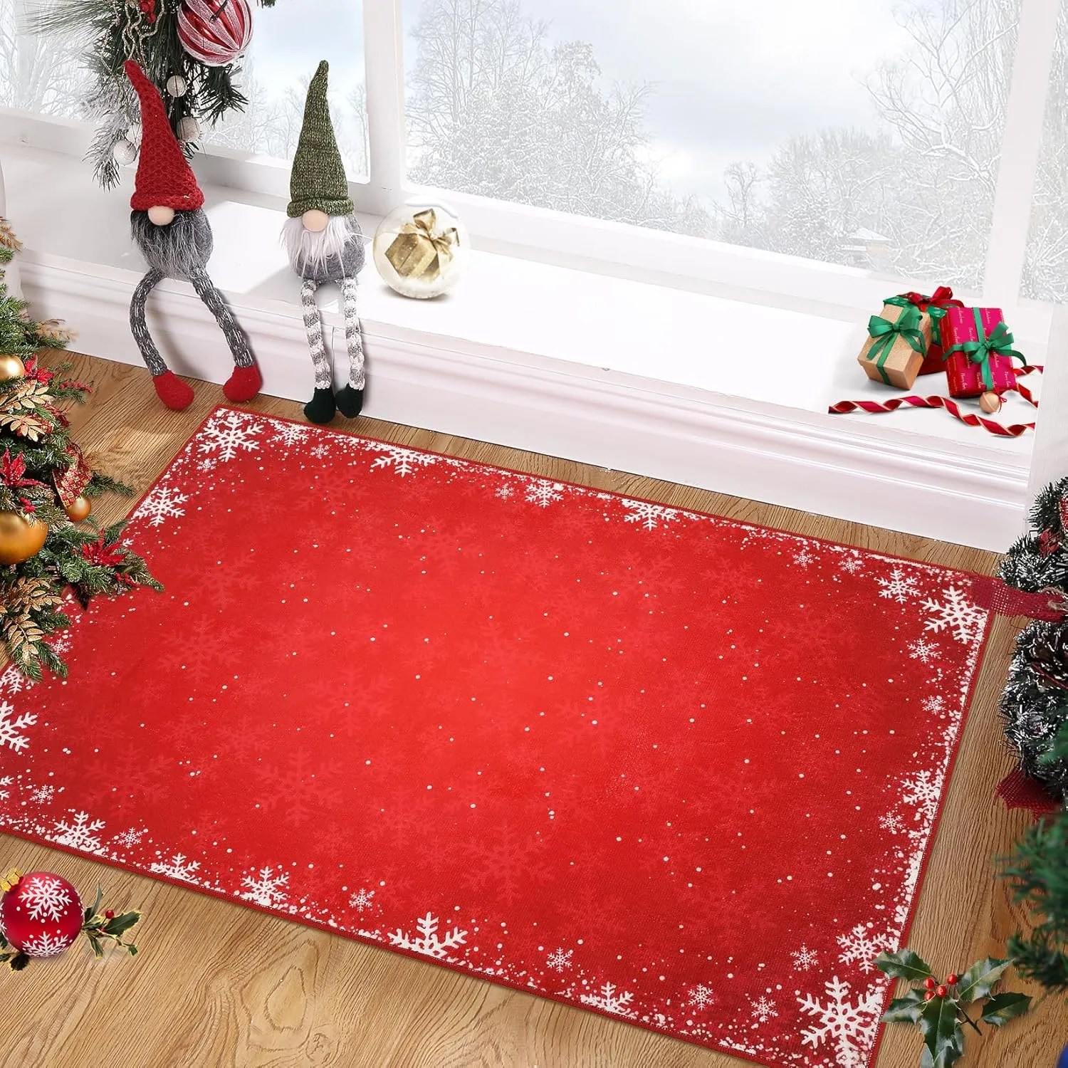 Christmas Entryway Rug 2x3 Small Boho Indoor Throw Rugs Washable Xmas Decorative Area Rug Non-Slip Snowflake Floor Covers Front Door Welcome Doormat for Living Room Bedroom, Red 2' x 3'
