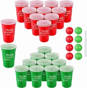 Christmas Party Supplies Team Naughty or Nice Tableware Set,including 16 oz 30 Team Naughty or Nice Reusable Plastic Cups, 8 Red &green Balls and One Pen for Adults Christmas Party Supplies