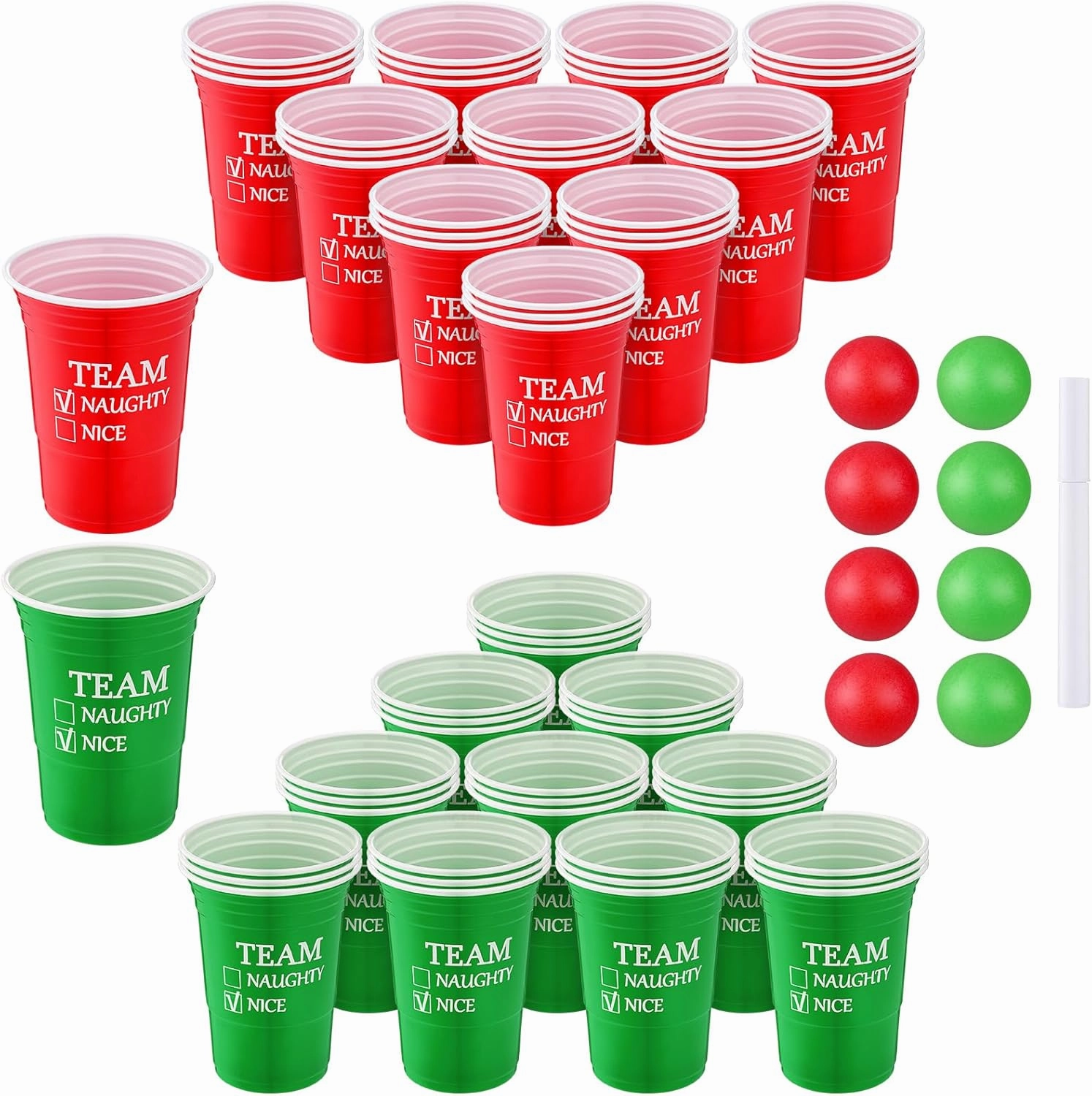 Christmas Party Supplies Team Naughty or Nice Tableware Set,including 16 oz 30 Team Naughty or Nice Reusable Plastic Cups, 8 Red &green Balls and One Pen for Adults Christmas Party Supplies