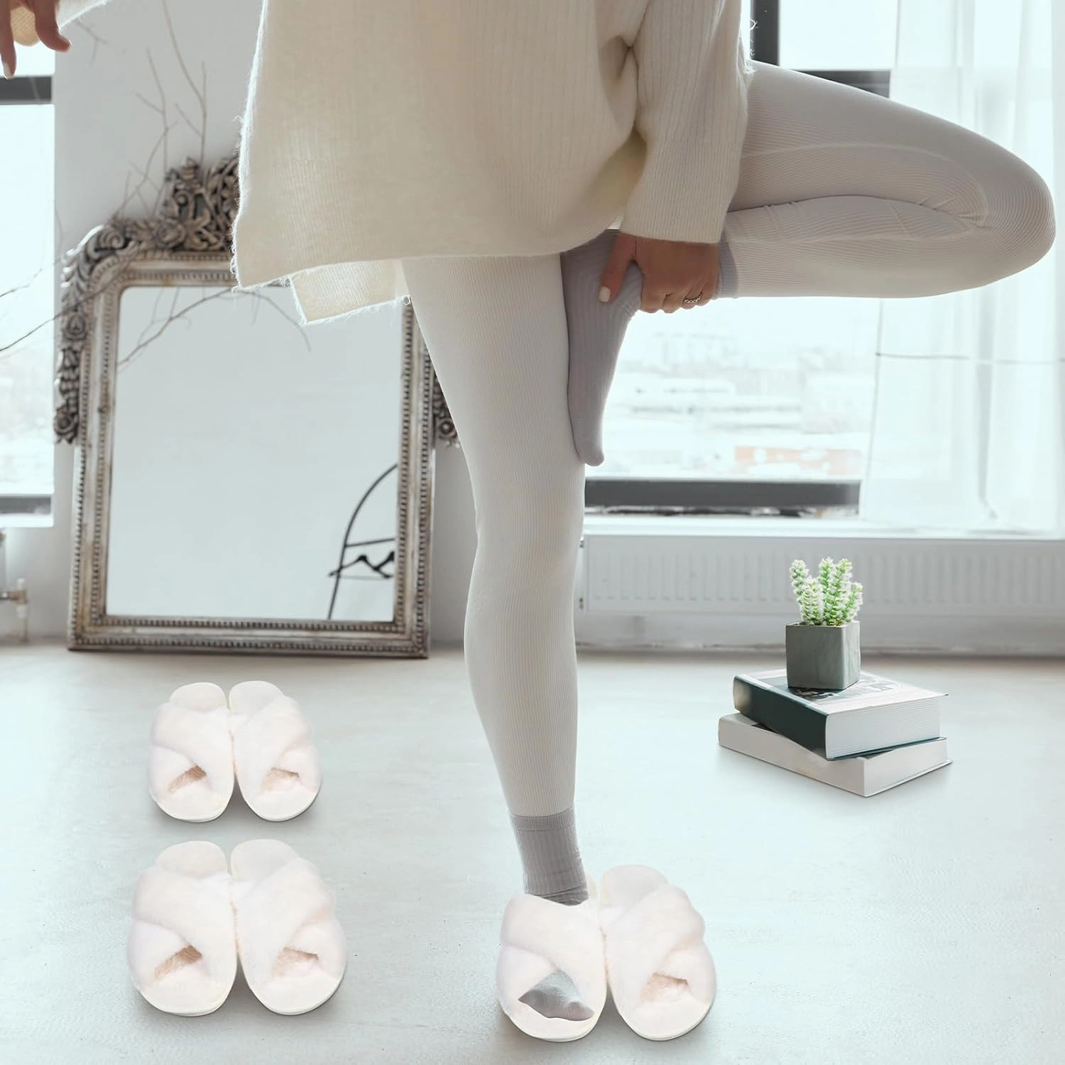 Chuarry 4 Pairs Women's Fuzzy Fluffy Slippers Cross Band Slippers Cozy Bridesmaid Shoes Open Toe Indoor and Outdoor