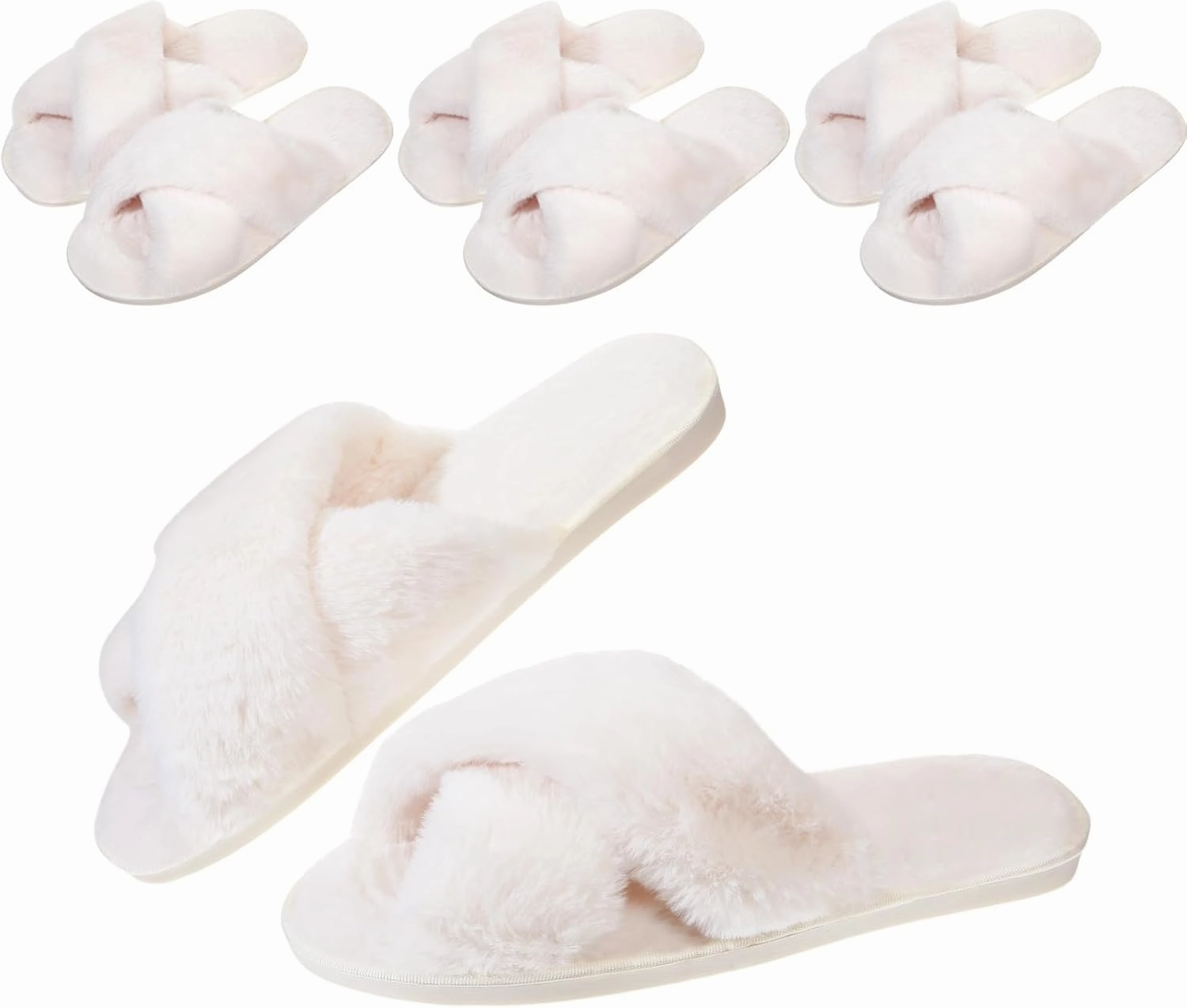 Chuarry 4 Pairs Women's Fuzzy Fluffy Slippers Cross Band Slippers Cozy Bridesmaid Shoes Open Toe Indoor and Outdoor