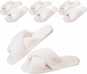 Chuarry 4 Pairs Women's Fuzzy Fluffy Slippers Cross Band Slippers Cozy Bridesmaid Shoes Open Toe Indoor and Outdoor