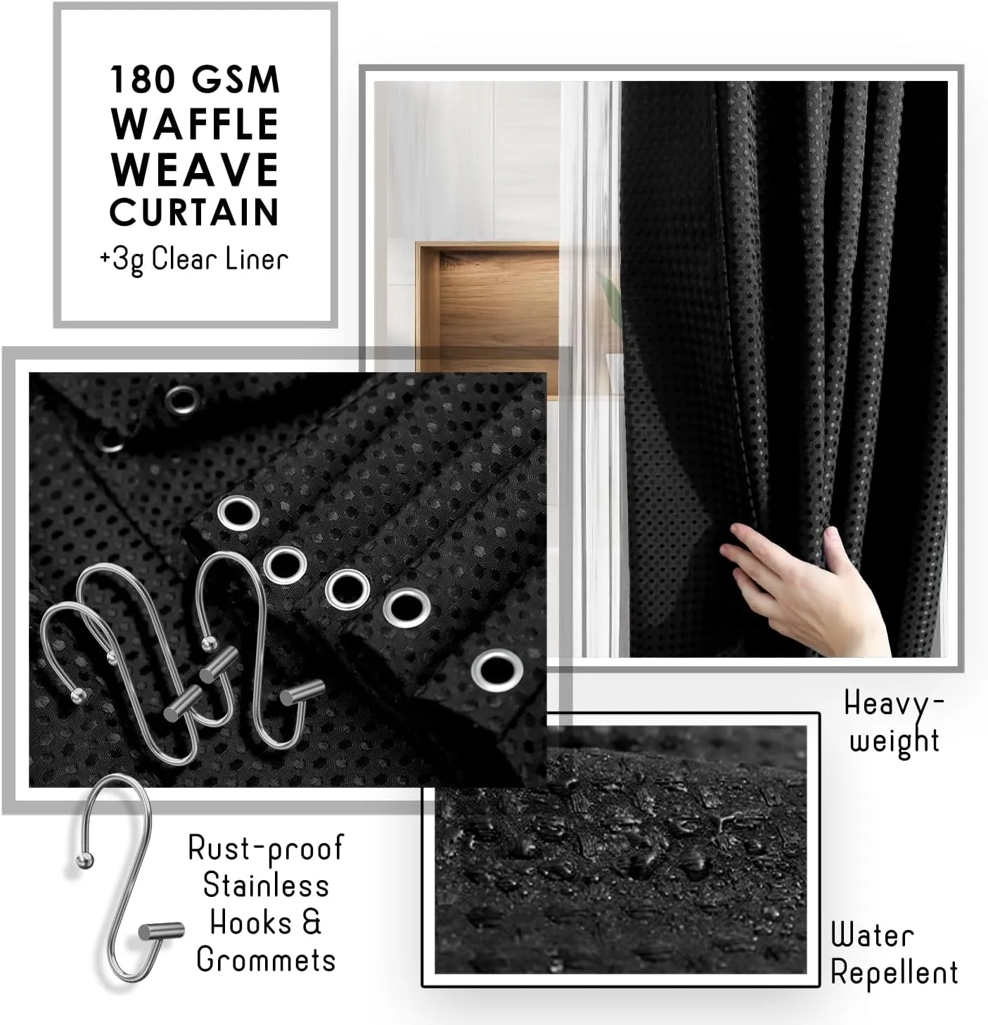 Clara Clark Bathroom Accessories Set - Bathroom Set, 20PC Bathroom Accessory Set, Black Shower Curtain Set, Toilet Brush, Trash Can & Soap Dispenser