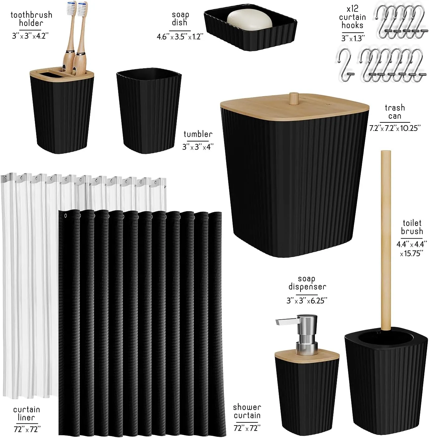 Clara Clark Bathroom Accessories Set - Bathroom Set, 20PC Bathroom Accessory Set, Black Shower Curtain Set, Toilet Brush, Trash Can & Soap Dispenser