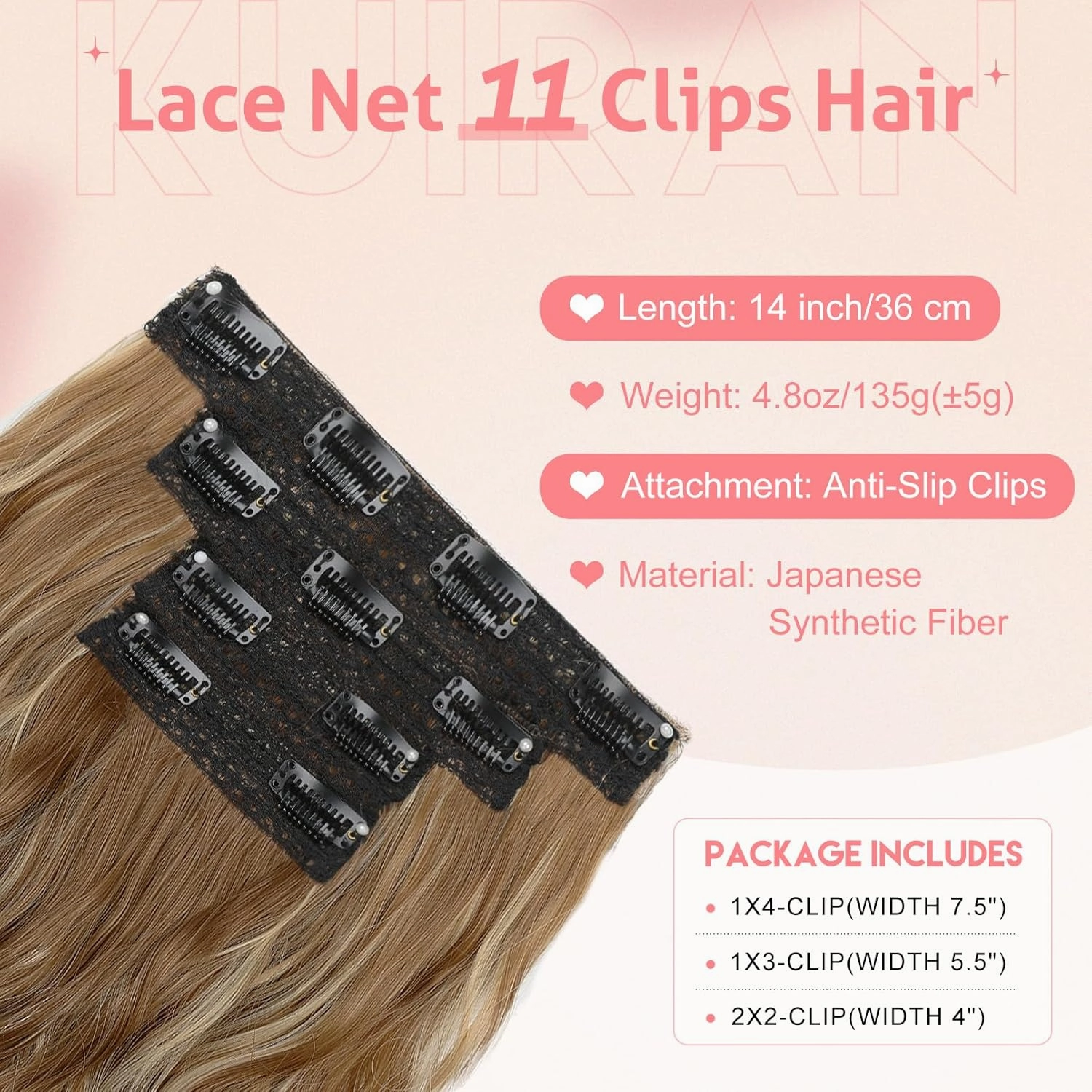 Clip in Hair Extensions 14" Short Wavy Hair Extensions 4PCS Invisible Lace Weft Natural Soft Hairpieces for Women - Light Brown with Blonde Highlights