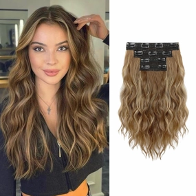 Clip in Hair Extensions 14" Short Wavy Hair Extensions 4PCS Invisible Lace Weft Natural Soft Hairpieces for Women - Light Brown with Blonde Highlights