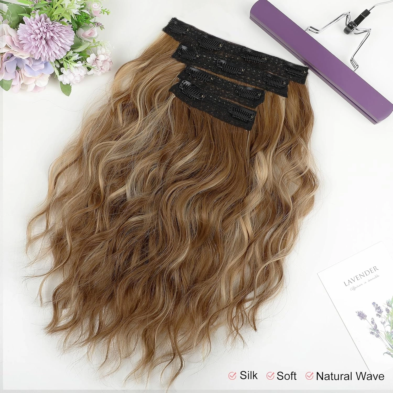 Clip in Hair Extensions 14" Short Wavy Hair Extensions 4PCS Invisible Lace Weft Natural Soft Hairpieces for Women - Light Brown with Blonde Highlights
