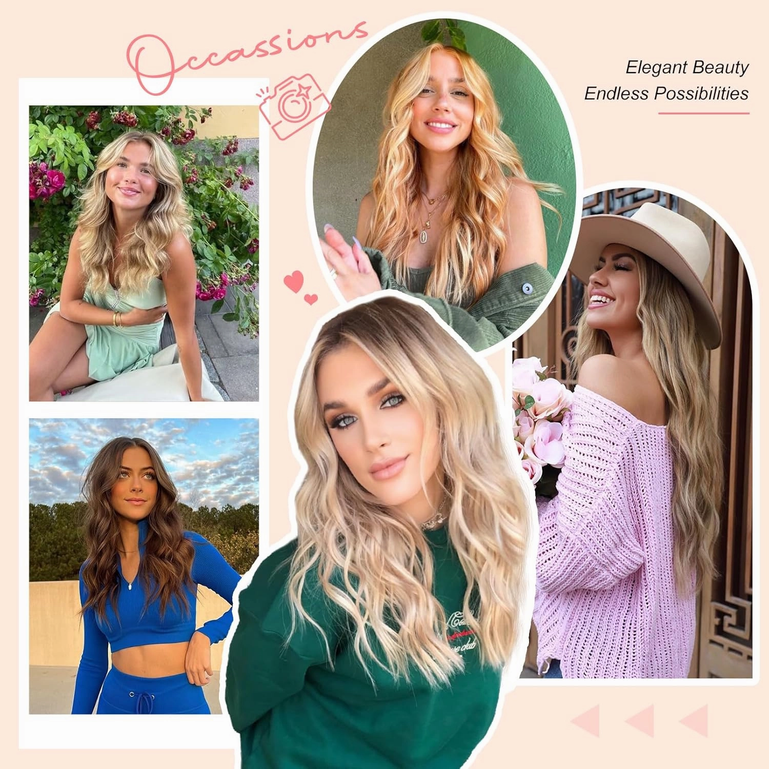 Clip in Hair Extensions 14" Short Wavy Hair Extensions 4PCS Invisible Lace Weft Natural Soft Hairpieces for Women - Light Brown with Blonde Highlights