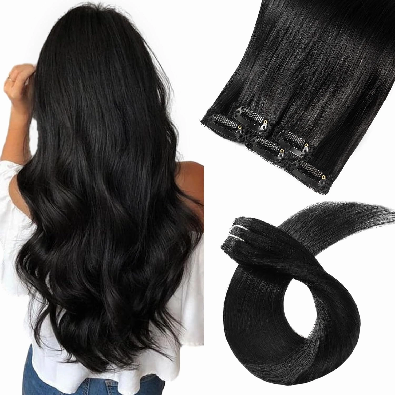 clip in Hair Extensions Natural Black Real Human Hair 18inch 30g 5pcs to add volume Remy Human Hair Extensions