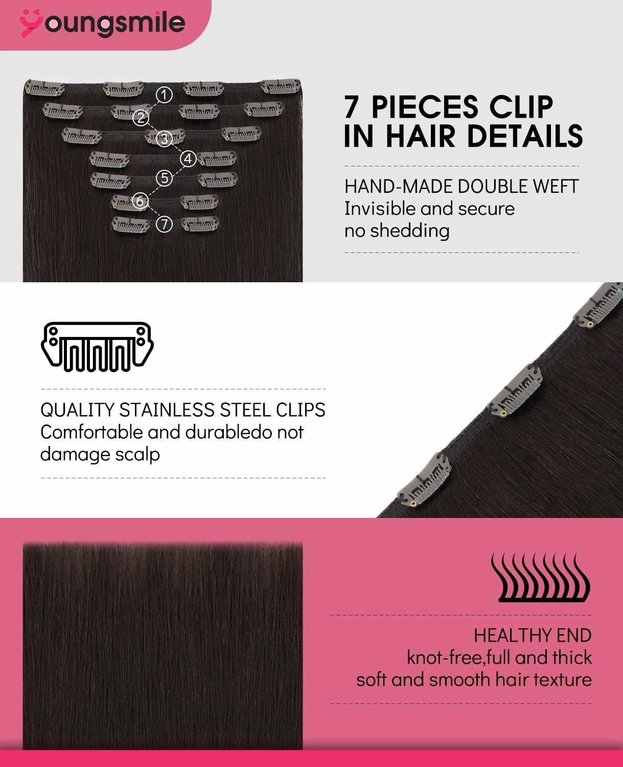 Clip in Hair Extensions Real Human Hair, 14 Inch 7pcs 140g, Color #2 Darkest Brown,Double Drawn,Silk Straight Clip in Hair Extensions Human Hair(7C#2-14Inch)