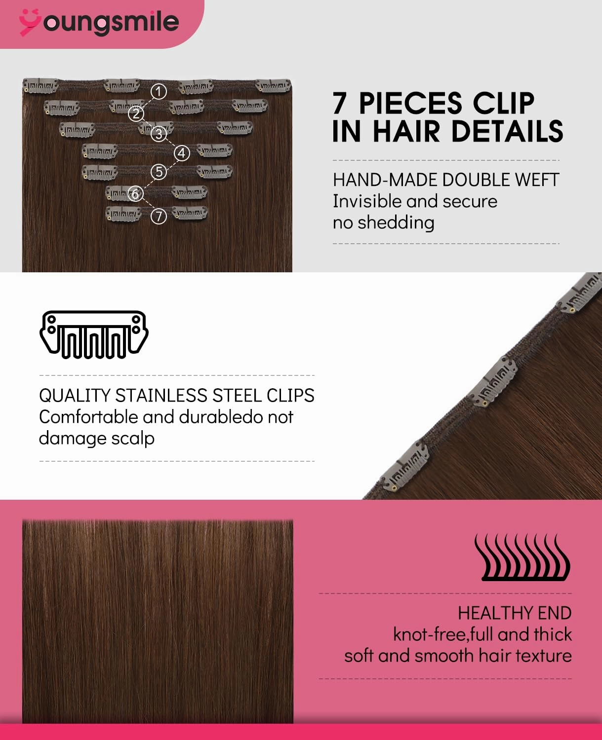 Clip in Hair Extensions Real Human Hair,Remy Brown Human Hair Extensions Clip in Double Weft 18 Inch 140 Grams 7 Pieces Chocolate Brown No Tangle No Shedding (7C#4-18Inch)