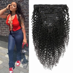 Clips in Human Hair Extensions Brazilian Curly Hair - 16" Natural Black (#1B) Hair Extensions